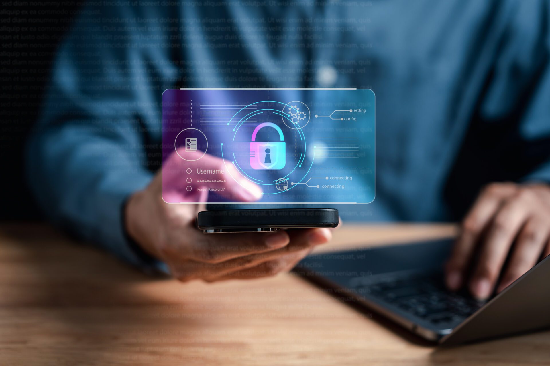 Man holding phone with a lock pop-up showing multi-factor authentication